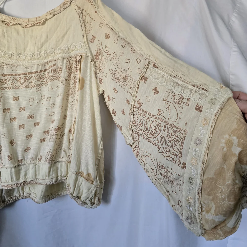 Free People Boom Boom Tunic Oversized Cream and Tan Boho Blouse NEW - Picture 3 of 15